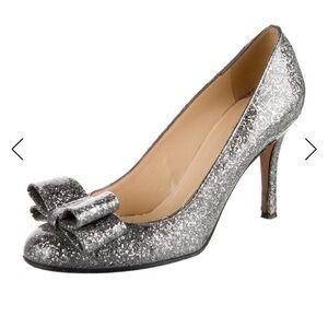 Kate Spade New York Krysta Leather Silver Glitter Bow Pump Heels Size 6.5‎ Party